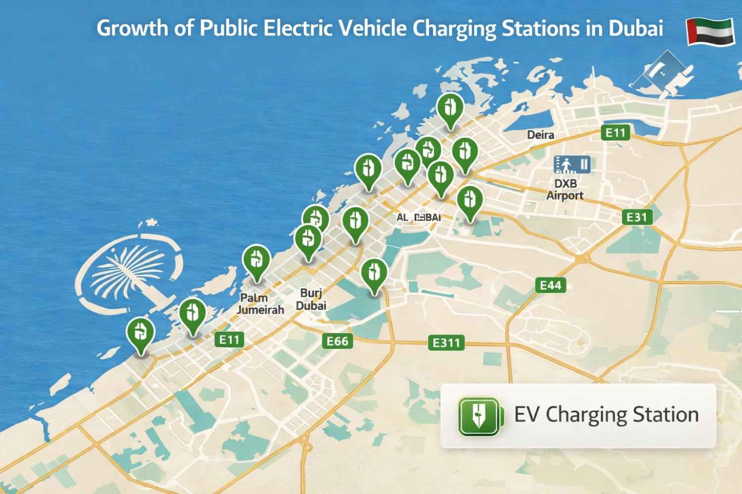 Public electric vehicle charging stations across Dubai shown on a city map with major roads and key locations marked