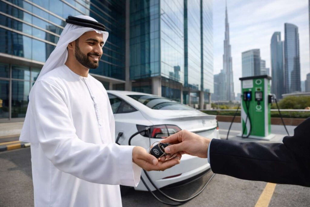 Professional receiving keys of an electric car at a Dubai charging point, illustrating a salary sacrifice EV scheme through employer leasing