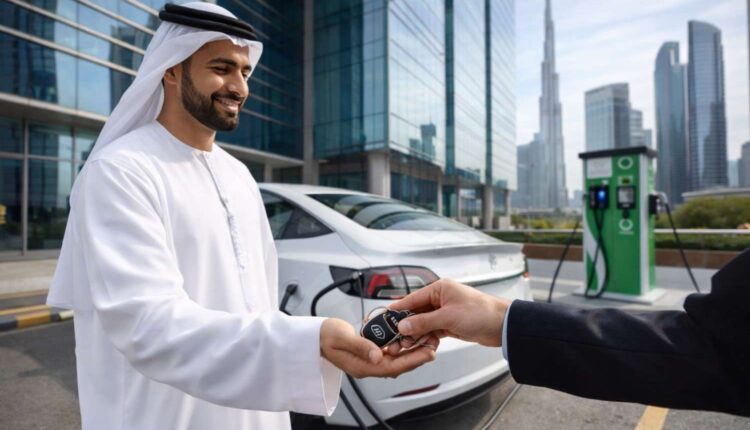 Professional receiving keys of an electric car at a Dubai charging point, illustrating a salary sacrifice EV scheme through employer leasing