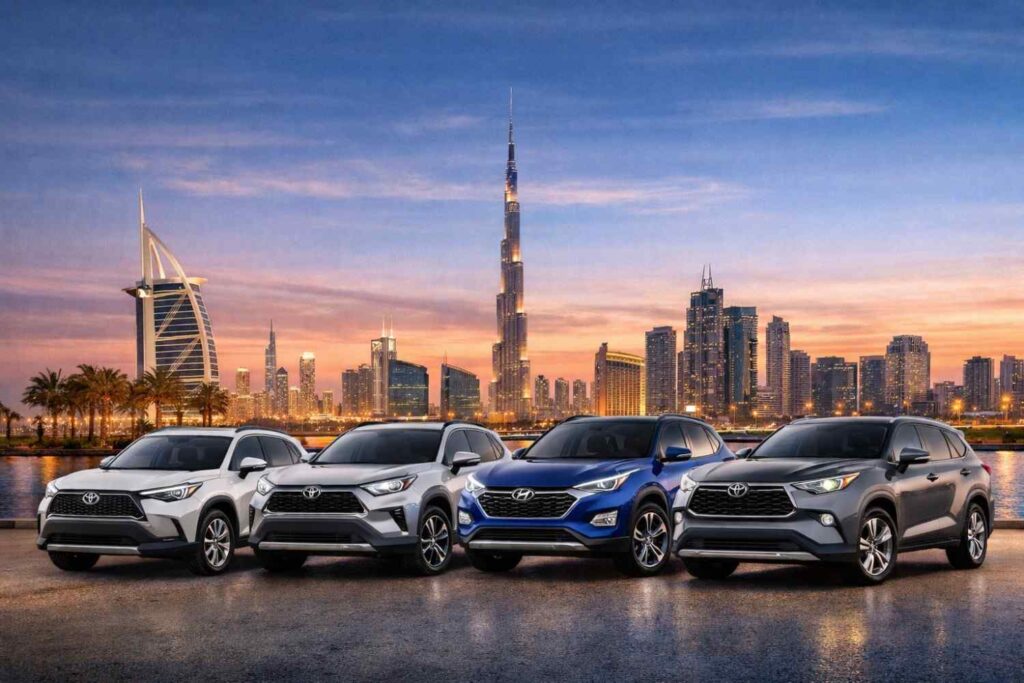 Four hybrid SUVs lined up in front of the Dubai skyline at sunset, featuring the Burj Khalifa and modern city towers, representing the best hybrid SUVs for the money in 2026.