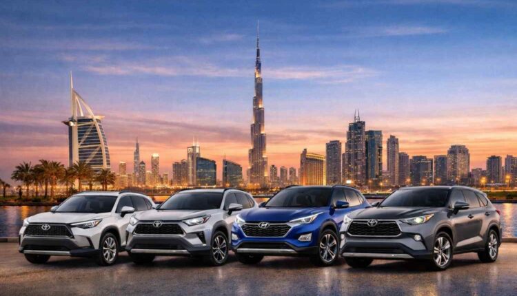 Four hybrid SUVs lined up in front of the Dubai skyline at sunset, featuring the Burj Khalifa and modern city towers, representing the best hybrid SUVs for the money in 2026.
