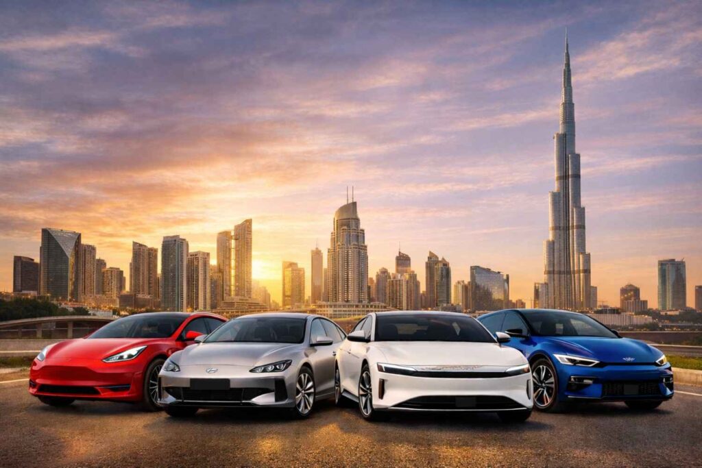 Top 6 most efficient electric cars in UAE 2026 lined up against Dubai skyline with Burj Khalifa