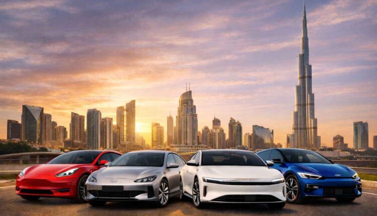 Top 6 most efficient electric cars in UAE 2026 lined up against Dubai skyline with Burj Khalifa