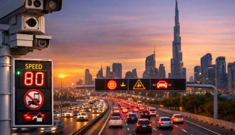 Dubai traffic cameras monitoring vehicles on a busy highway
