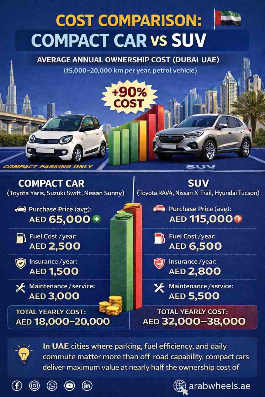 Compact car vs SUV annual ownership cost comparison in Dubai UAE