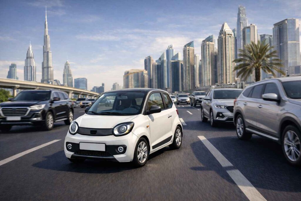 Tiny cars top priority as a modern compact car drives smoothly through heavy traffic on a busy Dubai city road, with the Dubai skyline in the background and larger SUVs surrounding it in daylight.
