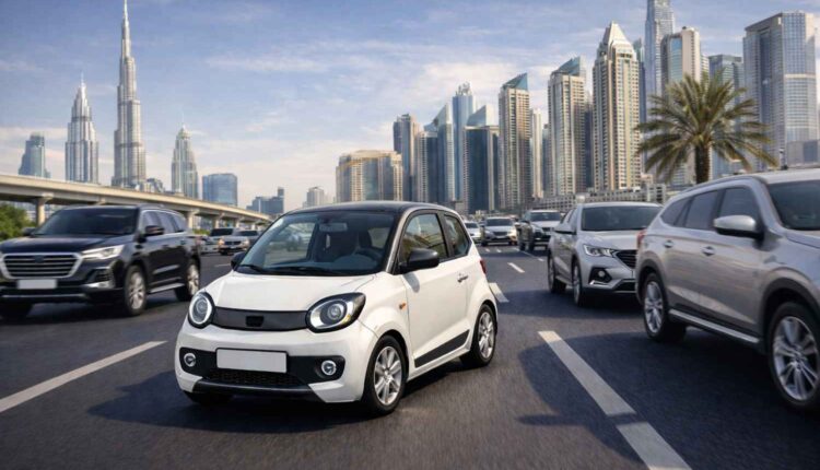 Tiny cars top priority as a modern compact car drives smoothly through heavy traffic on a busy Dubai city road, with the Dubai skyline in the background and larger SUVs surrounding it in daylight.