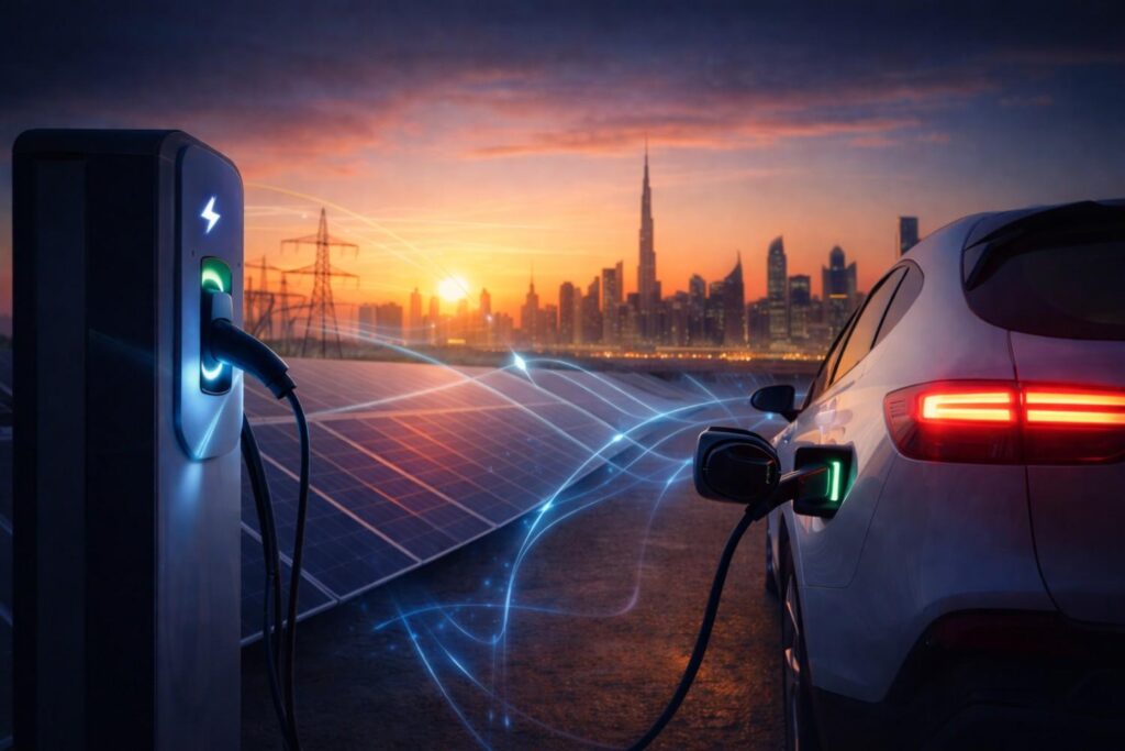 Electric vehicle connected to a bidirectional charging station near solar panels with Dubai skyline at sunset representing Vehicle-to-Grid in UAE 2026