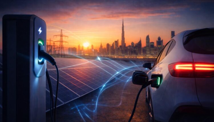 Electric vehicle connected to a bidirectional charging station near solar panels with Dubai skyline at sunset representing Vehicle-to-Grid in UAE 2026