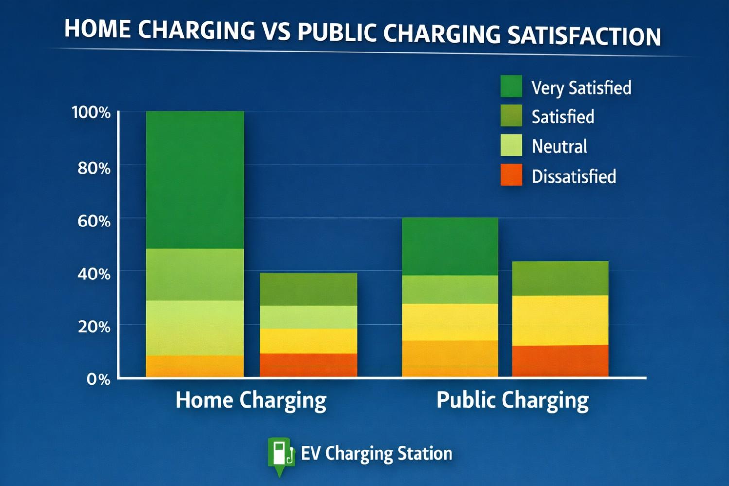 Bar chart comparing satisfaction with EV Charging in UAE, showing higher satisfaction for home charging than public charging across very satisfied, satisfied, neutral, and dissatisfied responses.