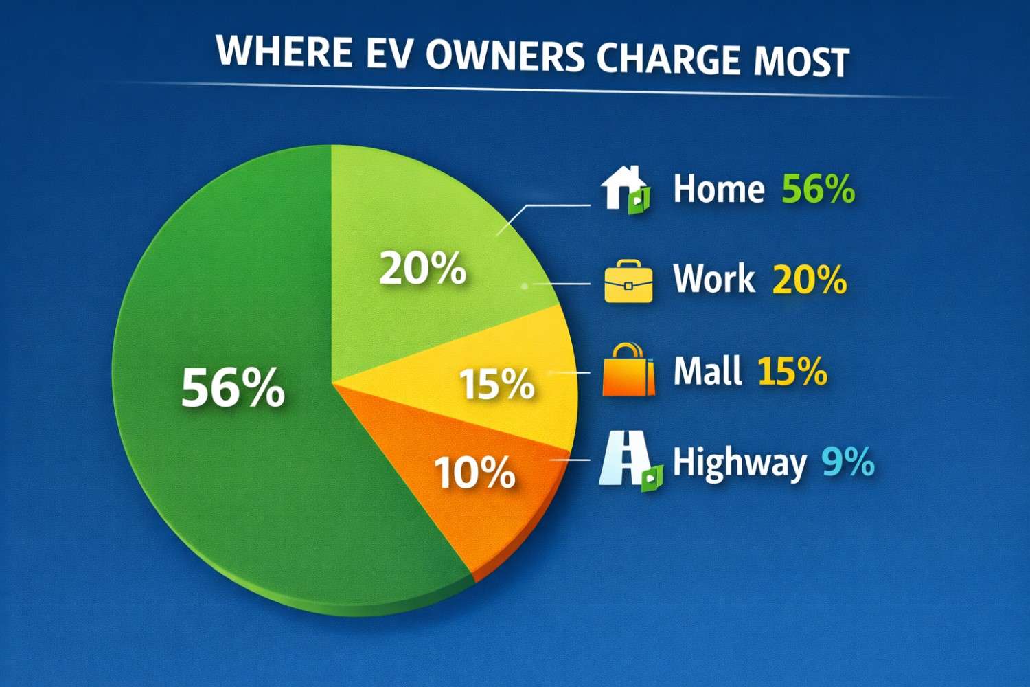 EV Charging in UAE: Pie chart showing where EV owners charge most in the UAE: 56 percent at home, 20 percent at work, 15 percent at malls, and 9 percent on highways.