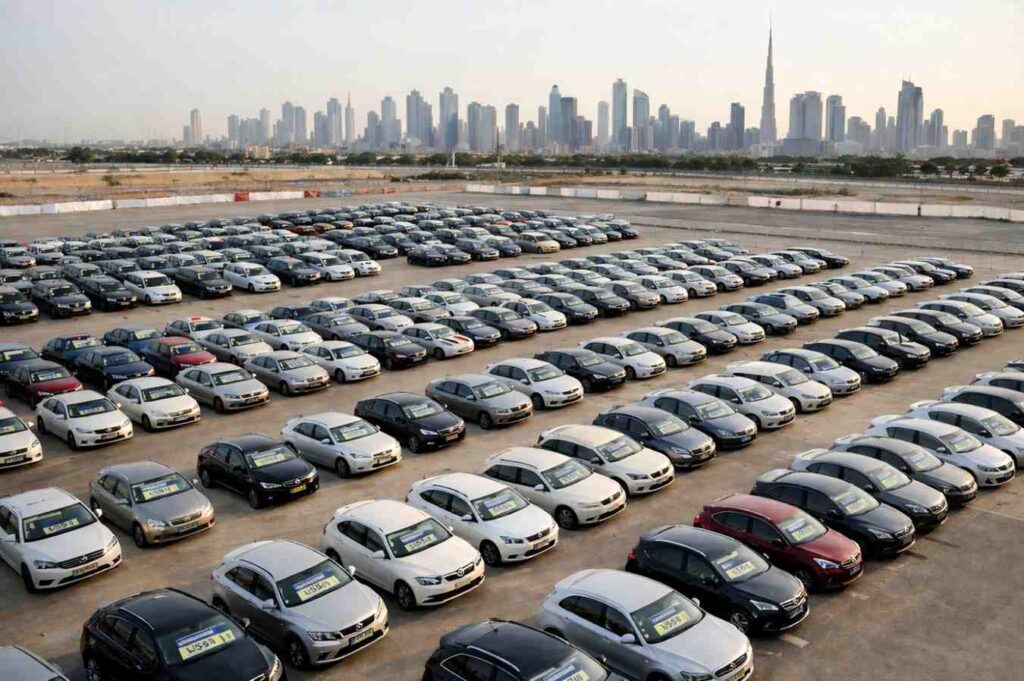 Used car lot in Dubai with visible pricing, highlighting resale market options