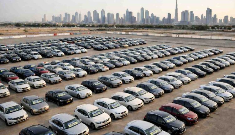 Used car lot in Dubai with visible pricing, highlighting resale market options