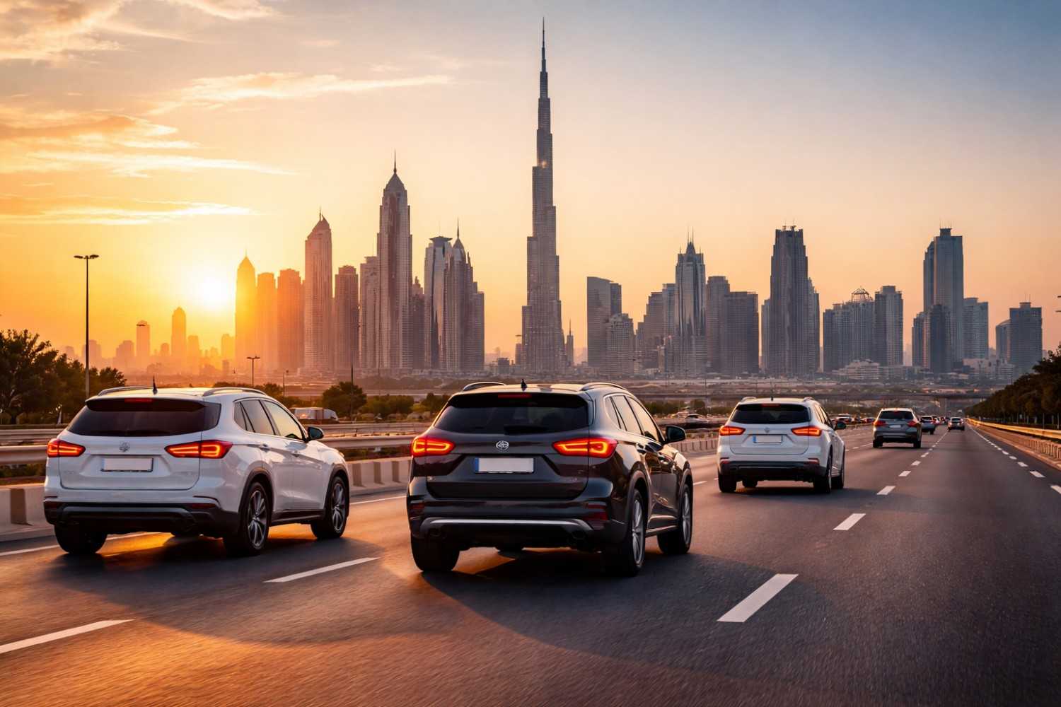 UAE car market| Modern SUVs driving on Dubai highway reflecting UAE car ownership growth