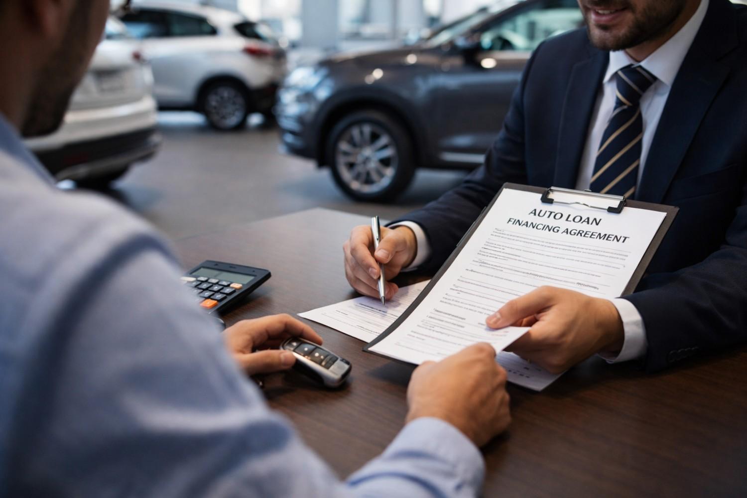 Car buyer reviewing auto loan financing agreement in UAE showroom