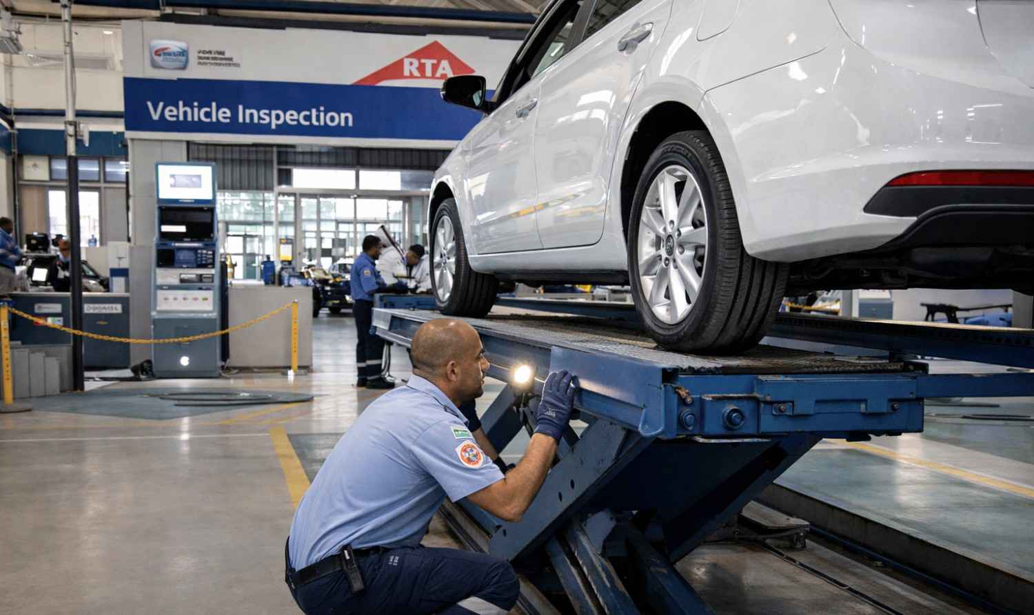 RTA vehicle inspection center in the UAE where an inspector examines a white car on a lift platform during an official technical inspection.