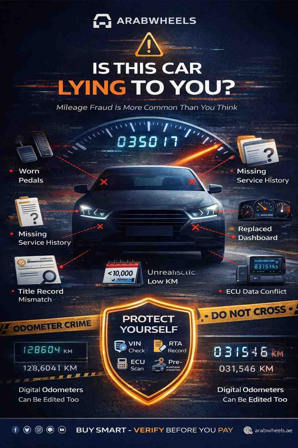 Infographic warning UAE used car buyers about odometer fraud, highlighting red flags like worn parts, missing service history, ECU conflicts, and urging VIN, RTA, and inspection checks before paying.