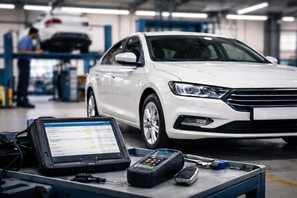 Technician performing mileage verification in a UAE auto workshop to help avoid odometer tampering UAE.