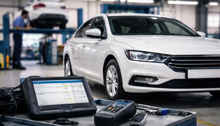 Technician performing mileage verification in a UAE auto workshop to help avoid odometer tampering UAE.