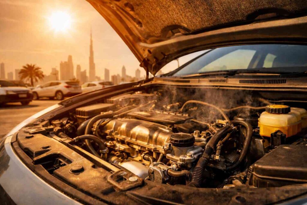 overheating car engine in UAE summer heat Dubai skyline background oil maintenance concept