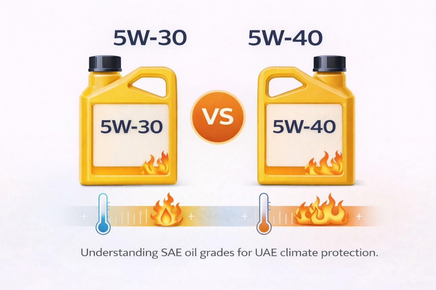 SAE 5W30 vs 5W40 engine oil comparison for UAE weather" Give image