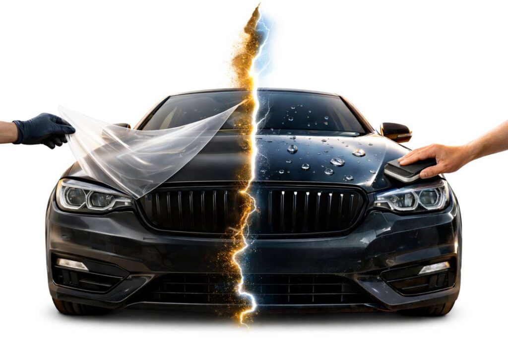Split car image showing PPF film installation on one side and ceramic coating application with water beading on the other.