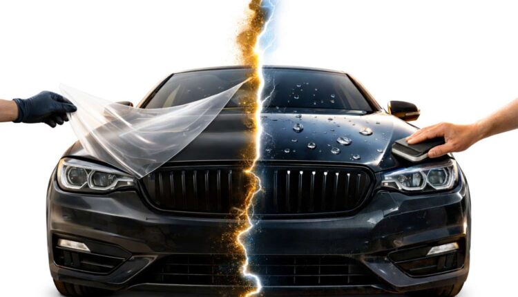 Split car image showing PPF film installation on one side and ceramic coating application with water beading on the other.