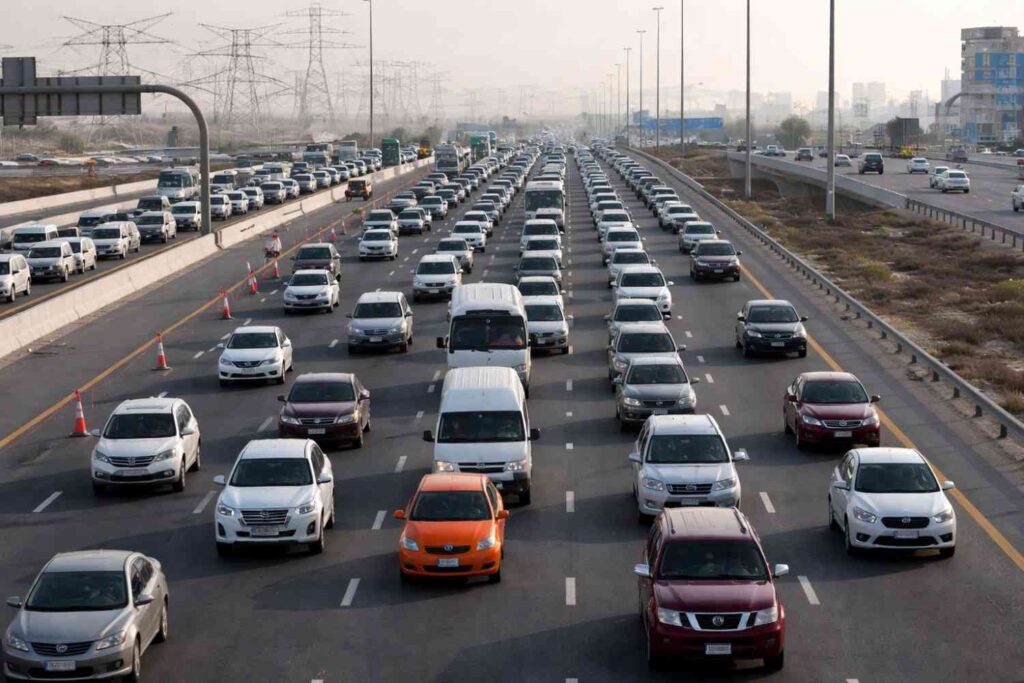 Heavy traffic on a multi-lane UAE highway, where non-payable traffic fines may occur due to violations