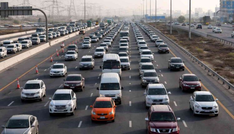 Heavy traffic on a multi-lane UAE highway, where non-payable traffic fines may occur due to violations