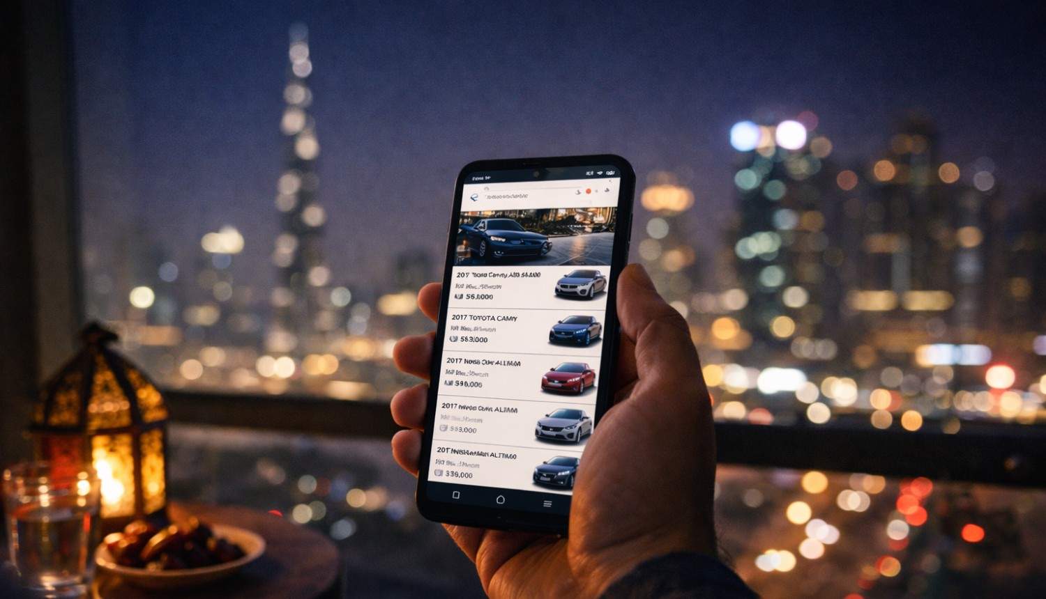 Person browsing used car listings on phone at night after Iftar.