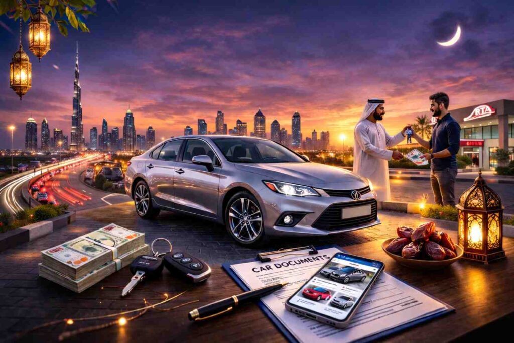 Used car being sold in Dubai during Ramadan with skyline and documents in foreground
