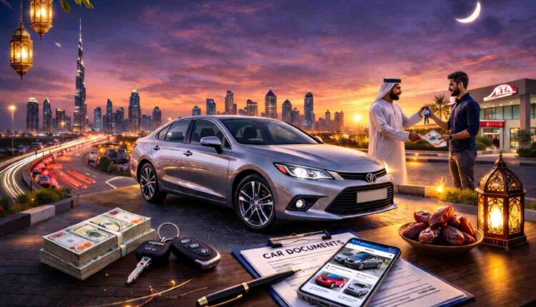 Used car being sold in Dubai during Ramadan with skyline and documents in foreground