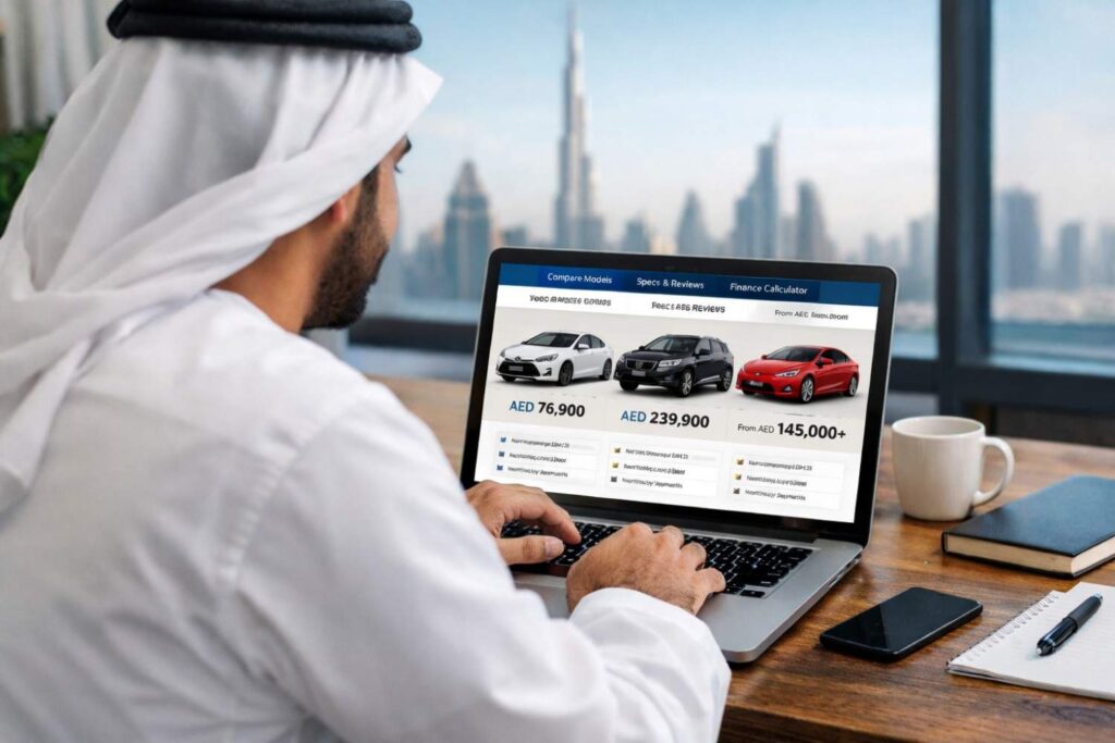 UAE resident comparing car models and prices on a laptop in Dubai before buying a vehicle in 2026