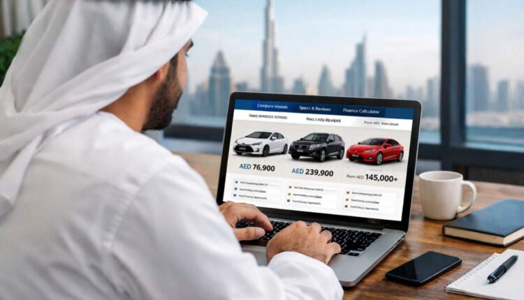 UAE resident comparing car models and prices on a laptop in Dubai before buying a vehicle in 2026