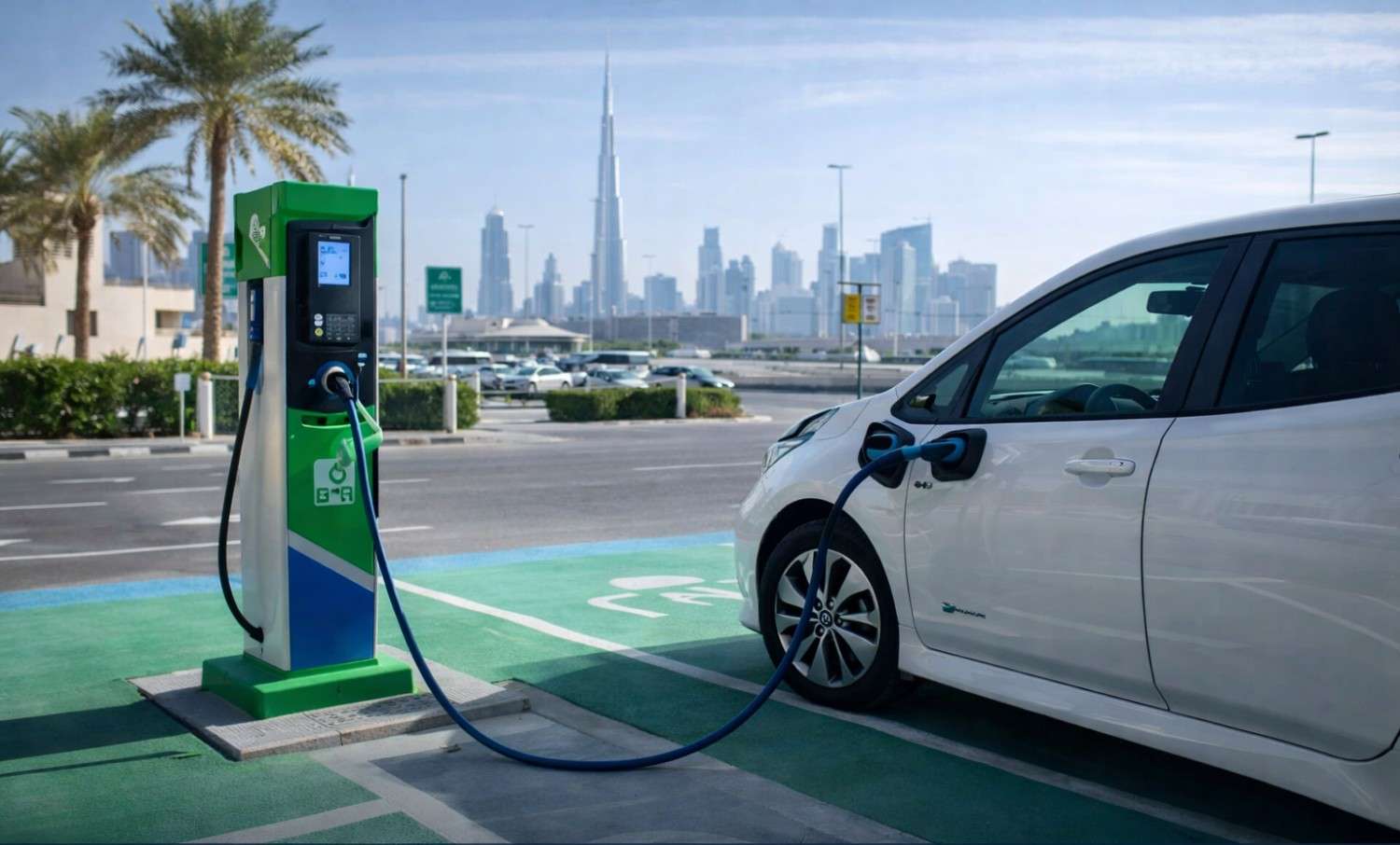Alt text: Electric vehicle charging station in Dubai parking area Caption: Electric vehicles require longer research due to charging and range evaluation.