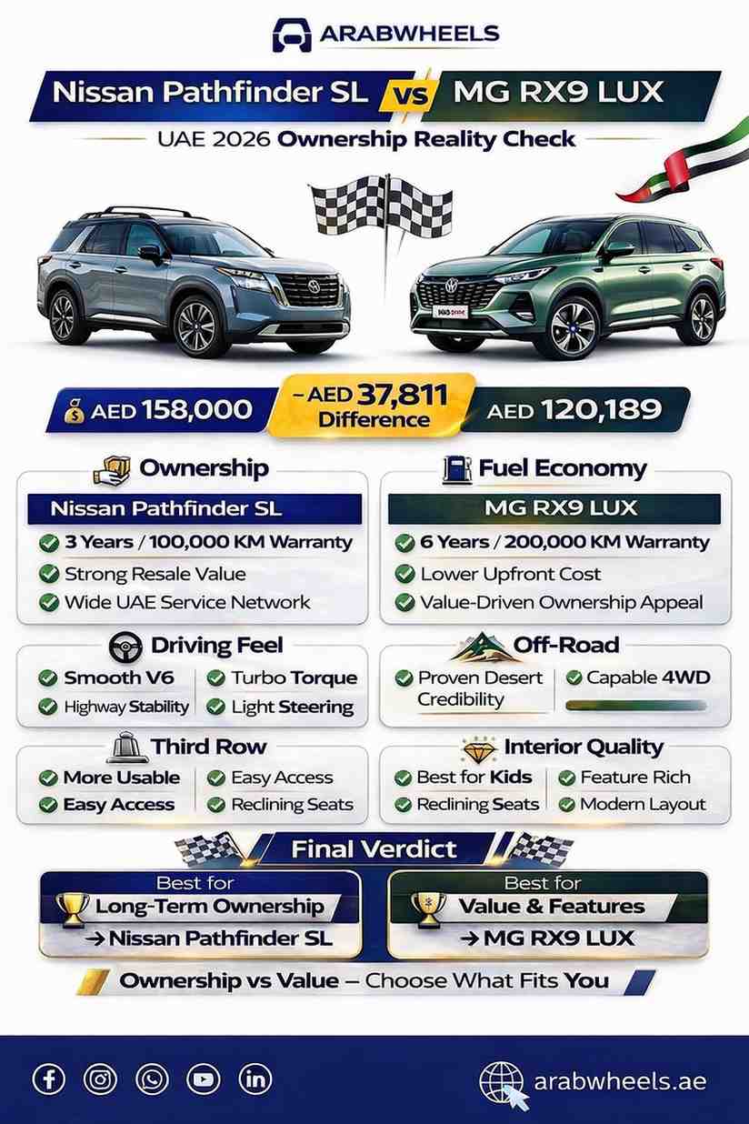 Infographic comparing the Nissan Pathfinder SL and MG RX9 LUX as the best 7-seater SUV options in the UAE for 2026, covering family SUV UAE 2026 considerations, SUV ownership cost in UAE, Pathfinder vs RX9 fuel economy, Nissan Pathfinder resale value in UAE, MG RX9 warranty coverage in UAE, and a complete UAE SUV buying guide for long-term ownership versus value and features.