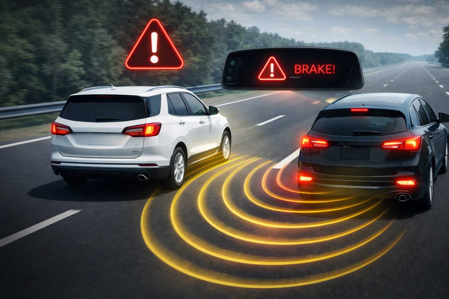Forward Collision Warning and Automatic Emergency Braking activating before a potential front-end collision.
