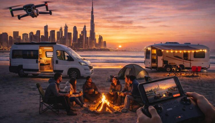 Caravans parked on Dubai beach at sunset with friends around a campfire and skyline in background