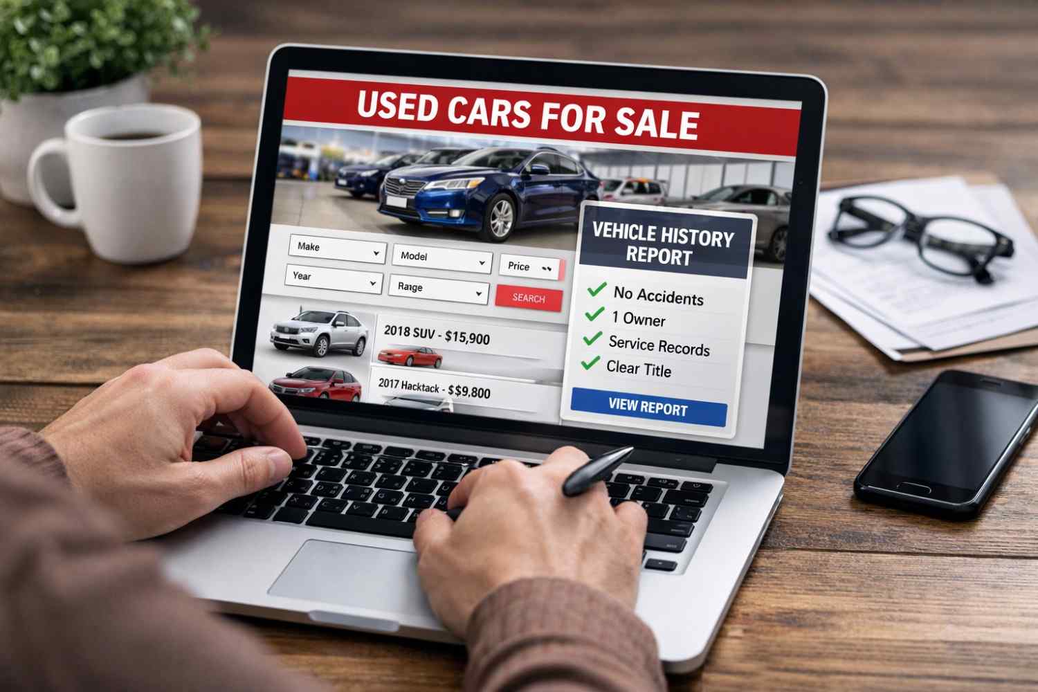 Person researching used car options on a laptop, checking vehicle history reports and prices online.