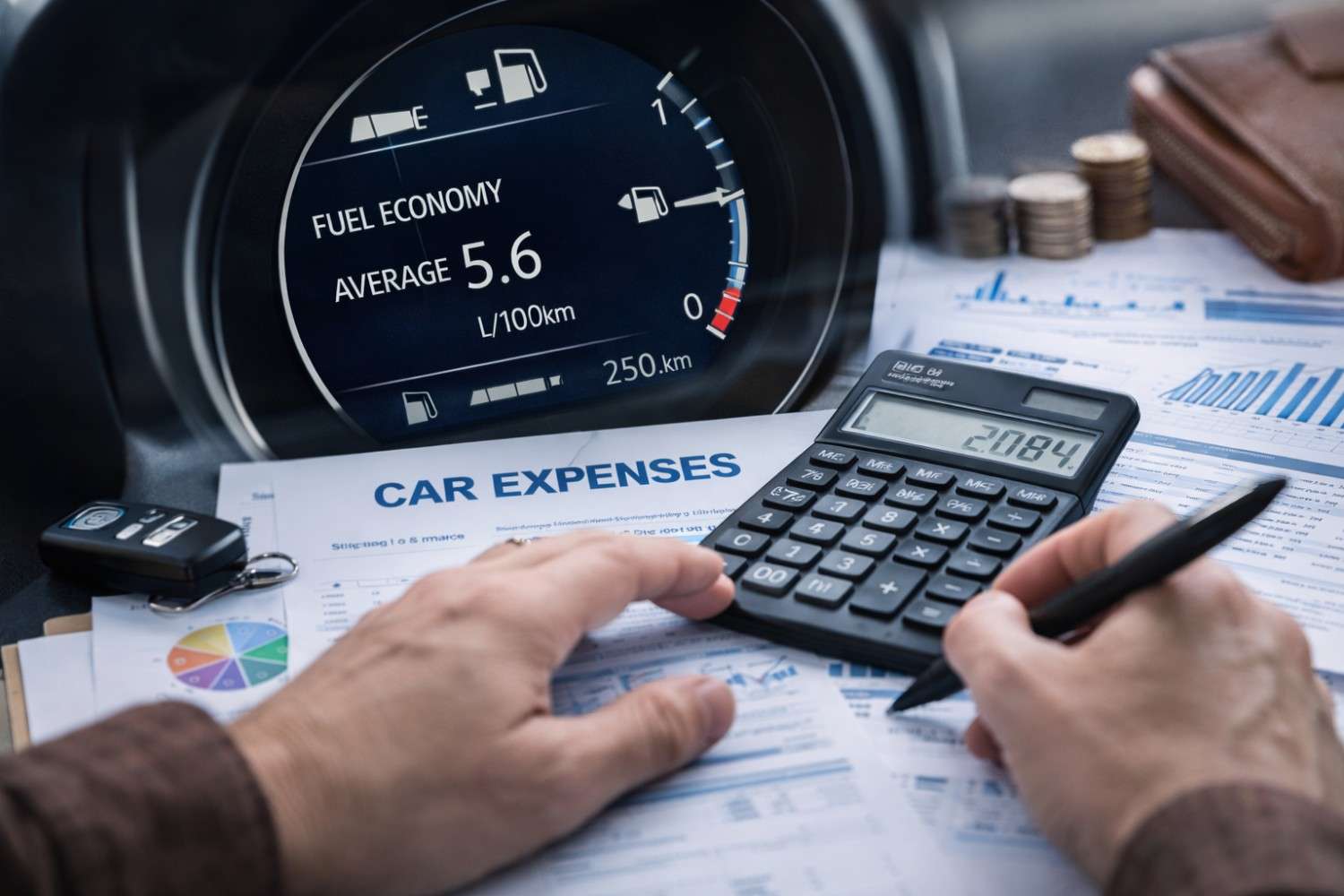 Close-up of a car’s dashboard showing fuel economy data with a calculator and car expense documents, highlighting total cost of ownership calculations.