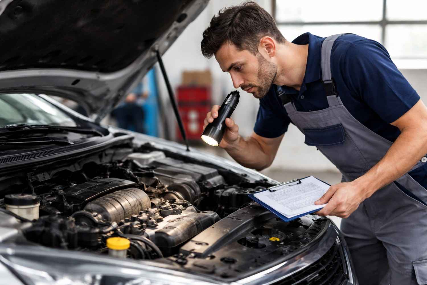 Mechanic inspecting the engine of a used car in a garage, holding a flashlight and a clipboard while checking the components for issues.