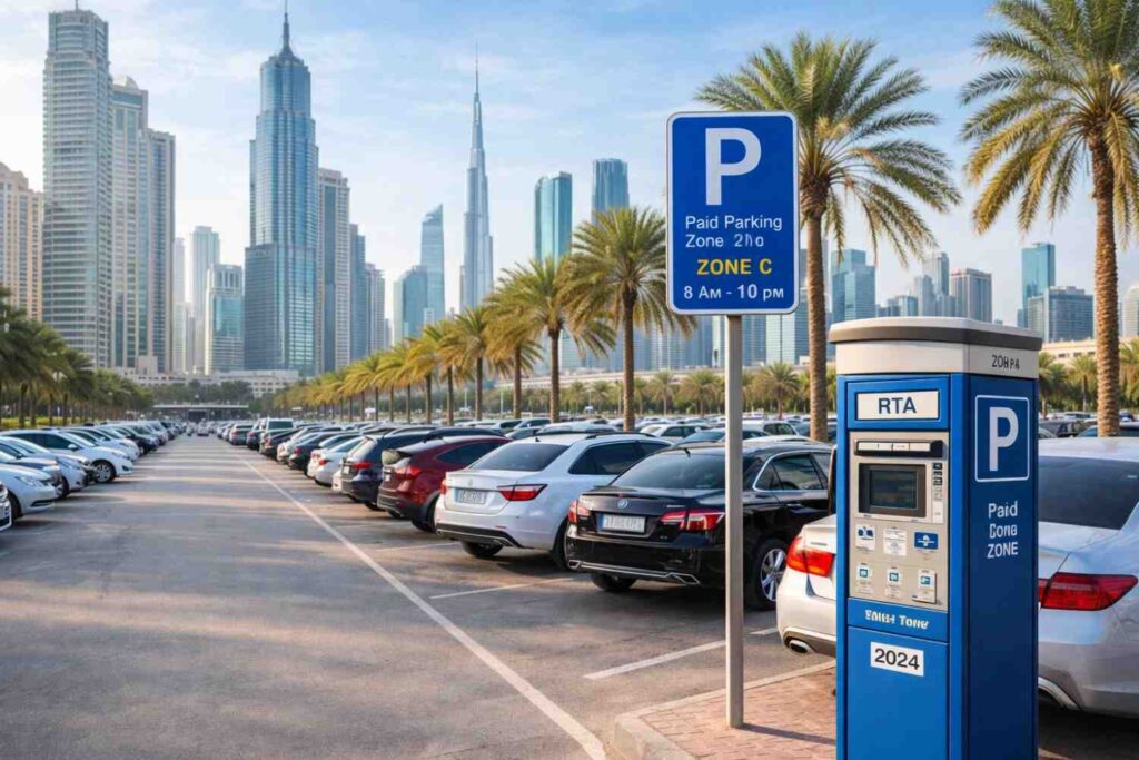 Paid parking zone in Dubai with RTA parking meter, Burj Khalifa in the background, and clear signage indicating the zone and parking fees.