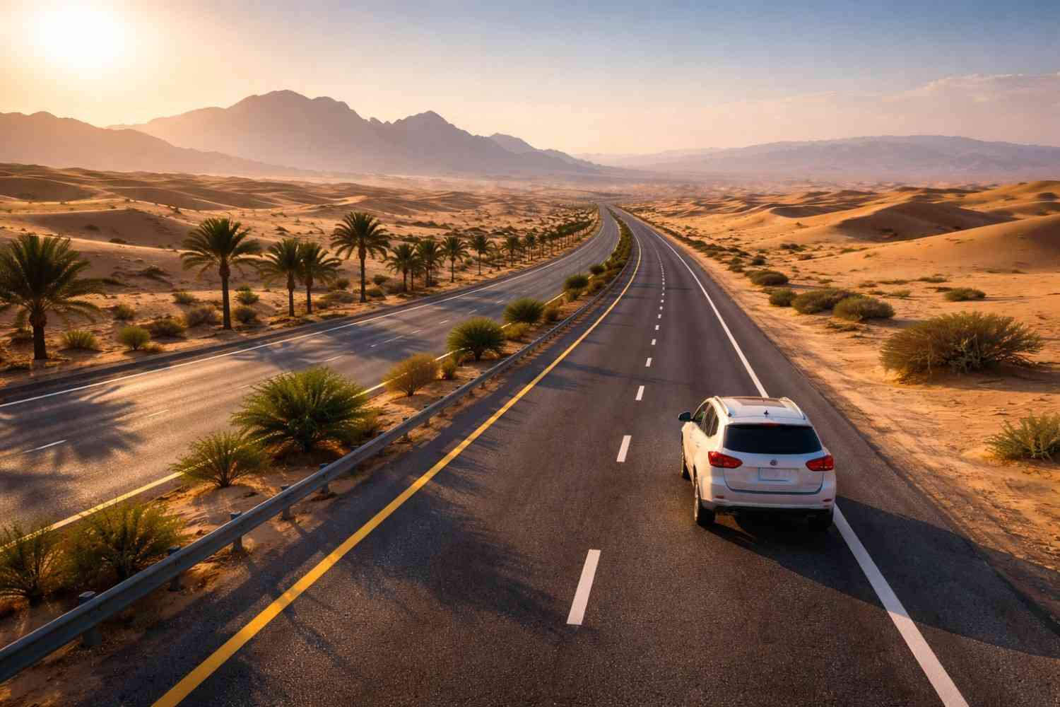 "White SUV driving along a highway in the UAE desert at sunset, showcasing the popularity of SUVs in the region's diverse terrain."