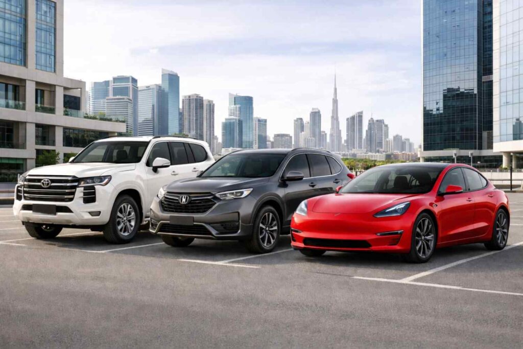 Used car market in the UAE with rows of cars and vehicles available for buyers.