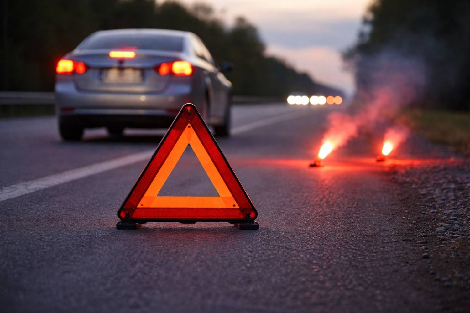Reflective warning triangle and road flares signaling an emergency on the road.| arabwheels blogs
