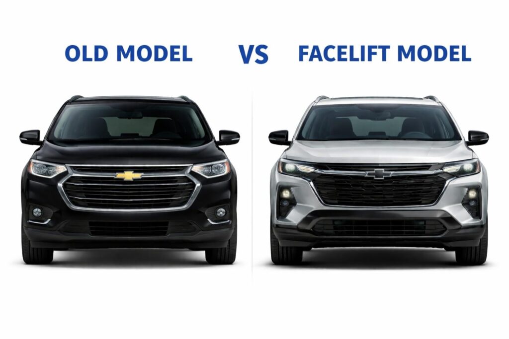 Comparison of the 2020 Chevrolet Traverse (Old Model) and the 2026 Chevrolet Traverse (Facelift Model), showcasing design updates.