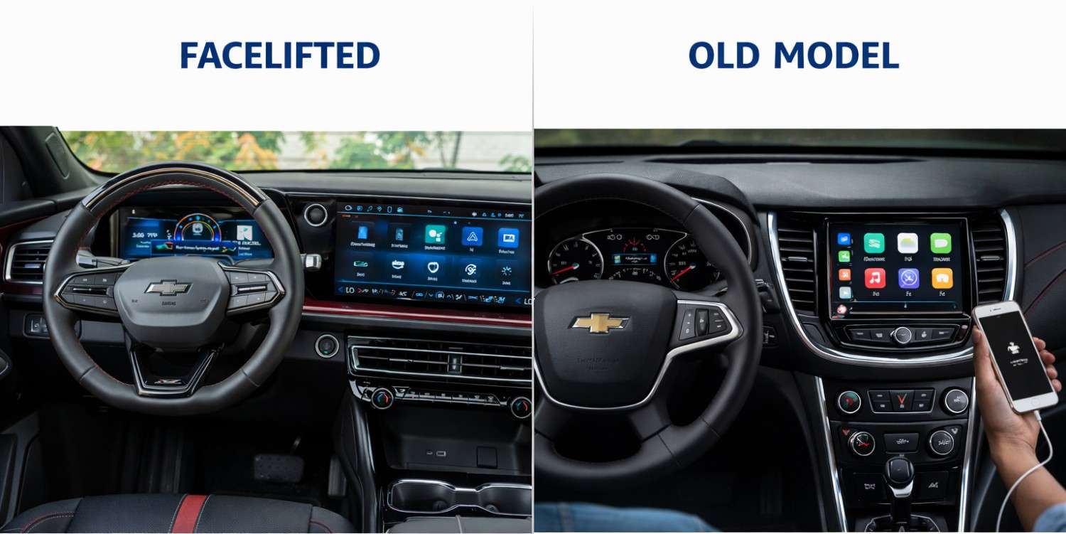 Interior comparison of old vs facelifted model showing infotainment and dashboard upgrades