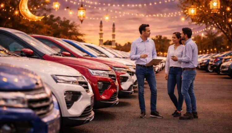 Car buyers comparing vehicles at a dealership during Ramadan car deals in the UAE.