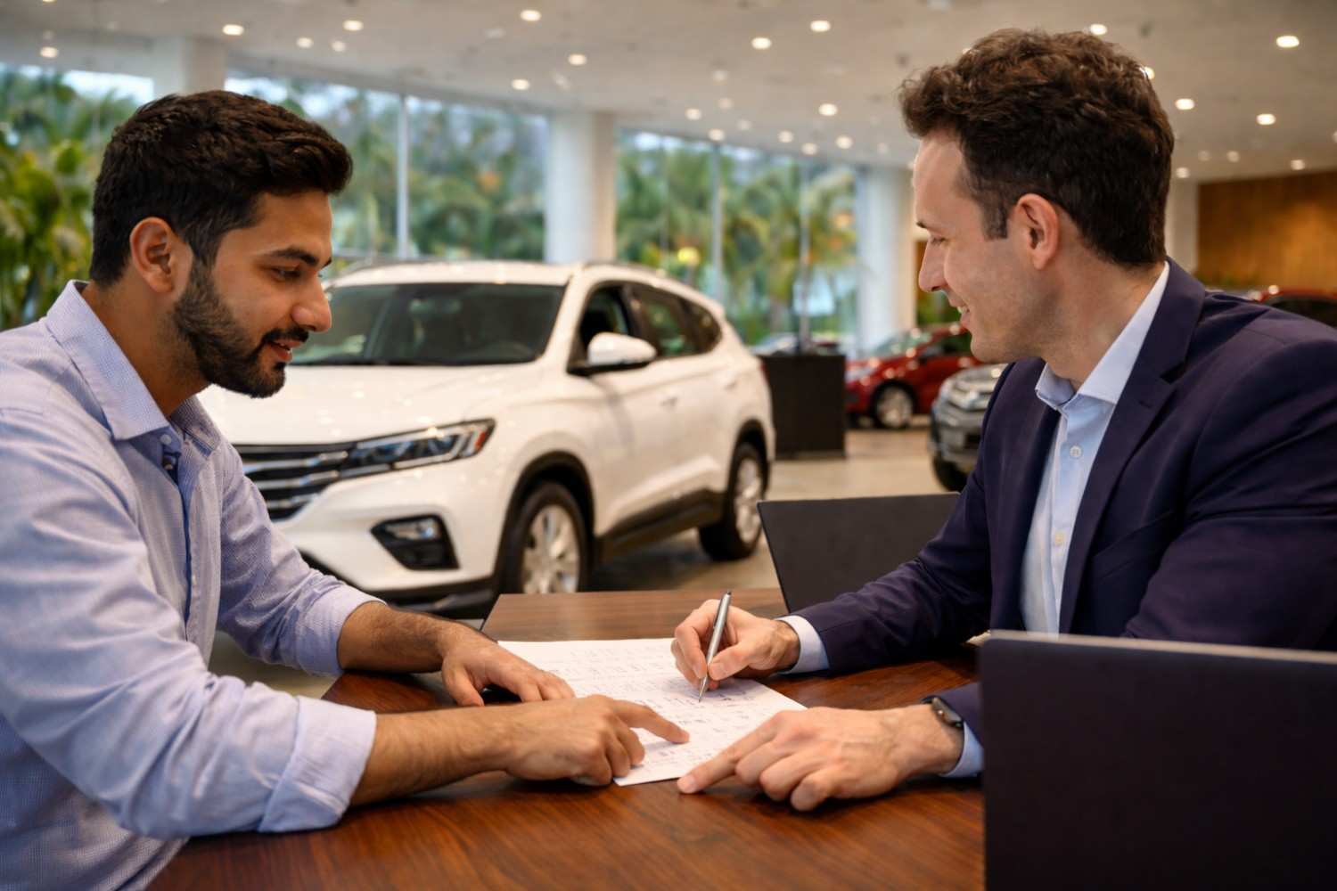 customer negotiating car price with dealership salesperson in UAE showroom| Arabwheels UAE