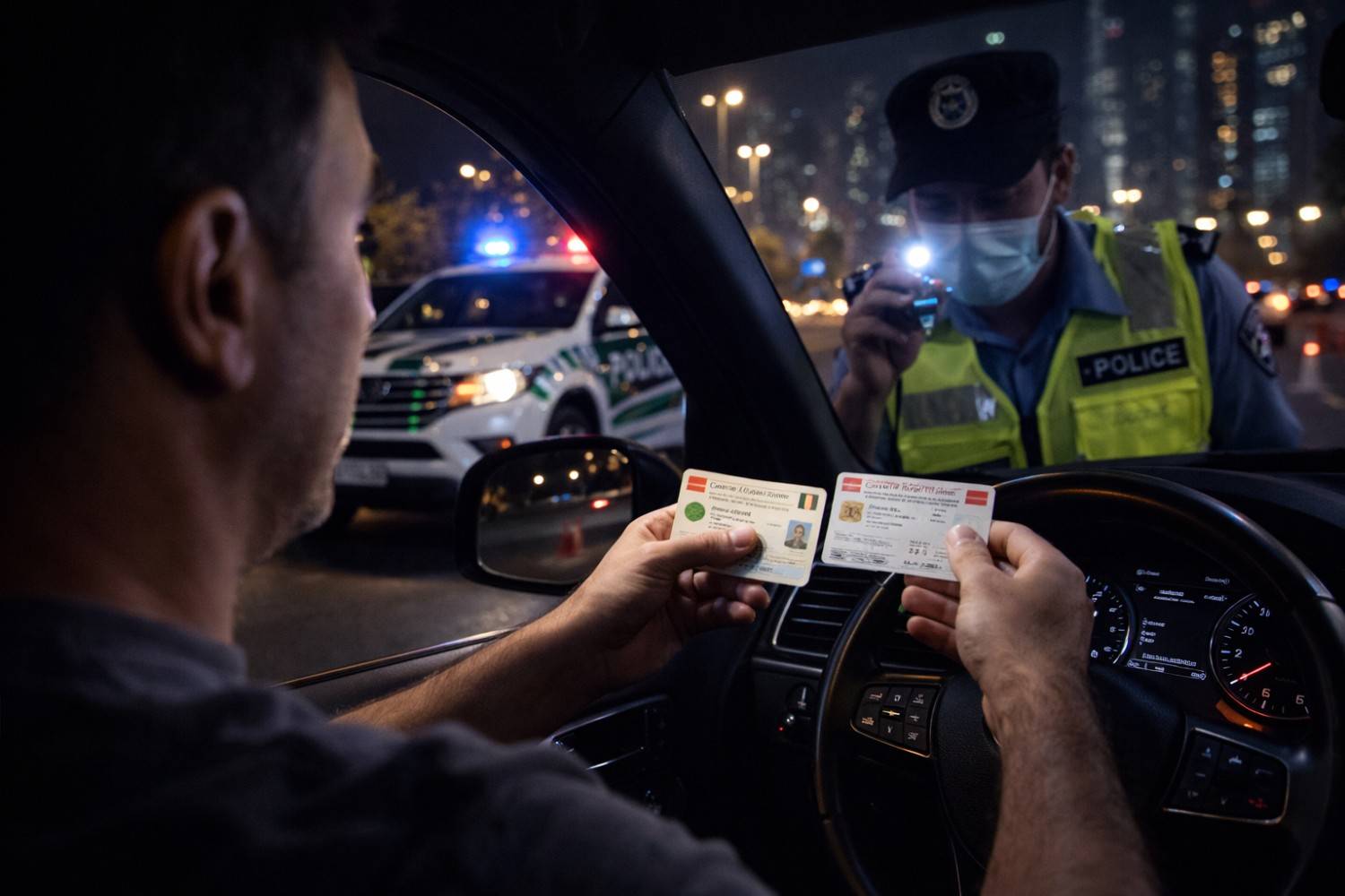 driver showing documents at Dubai police checkpoint during curfew